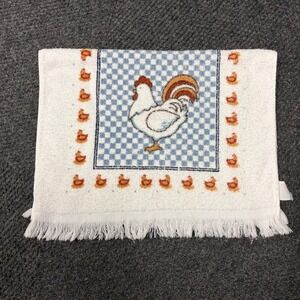 Vintage Cannon Rooster Hand Towel White Blue Checkered Fringe Farmhouse Country